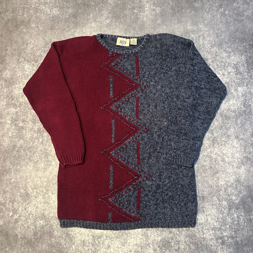 Vintage Colorblock Geometric Stitch Knit Sweater Women's Size‎ S Red Blue Pasta